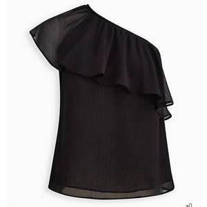 Torrid ONE-SHOULDER RUFFLE BLOUSE - CRINKLE CHIFFON & LUREX BLACK